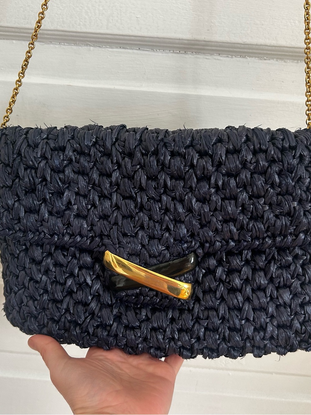 Woven Blue Straw Bag with Gold and Black X Accent